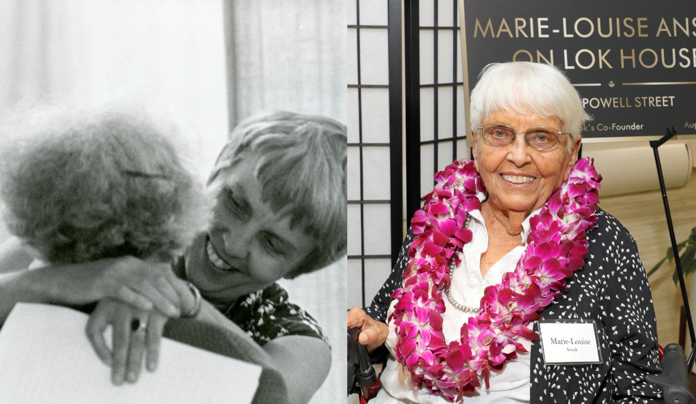 A side-by-side snapshot of Marie-Louise Ansak in her early years and later in life.