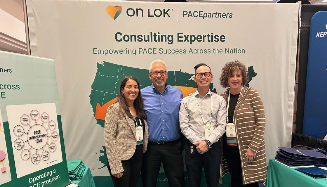 In the main photo, the On Lok PACEpartners team at the 2024 National PACE Conference. There are 4 members standing with a PACEPartners backdrop that says 'Consulting Expertise: Empowering PACE Success Across the Nation'.
L-R: Project Manager Melanie Coppel; Director Sandy Rodgers; Executive Assistant Peter La; and Director of Operational Excellence Lori Frank.